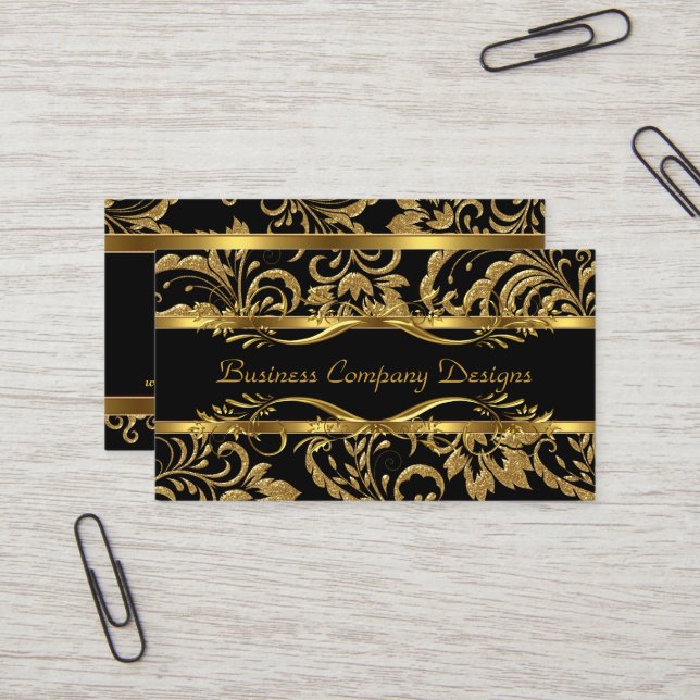 Elegant Classy Gold Black Damask Embossed Look Business Card (Front/Back In Situ)