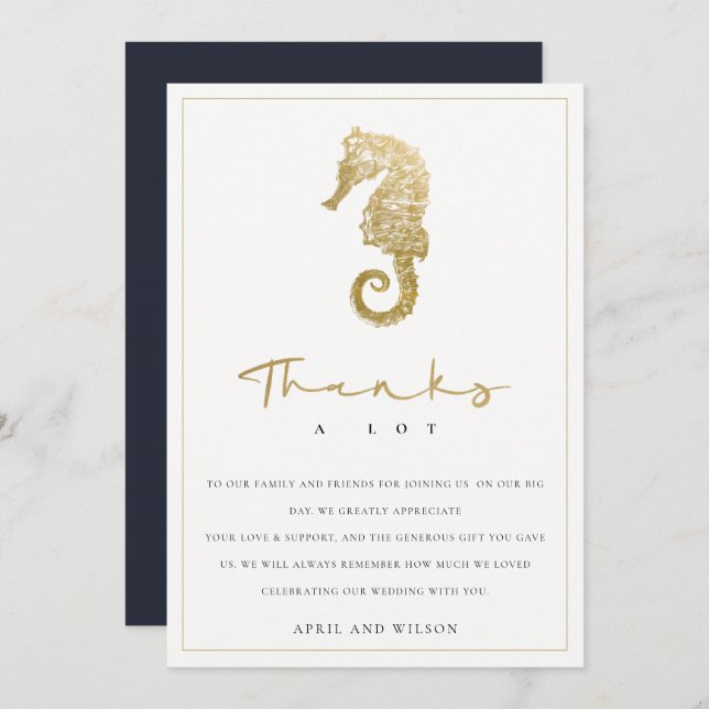 ELEGANT CLASSY GOLD FOIL NAVY SEAHORSE  WEDDING THANK YOU CARD (Front/Back)