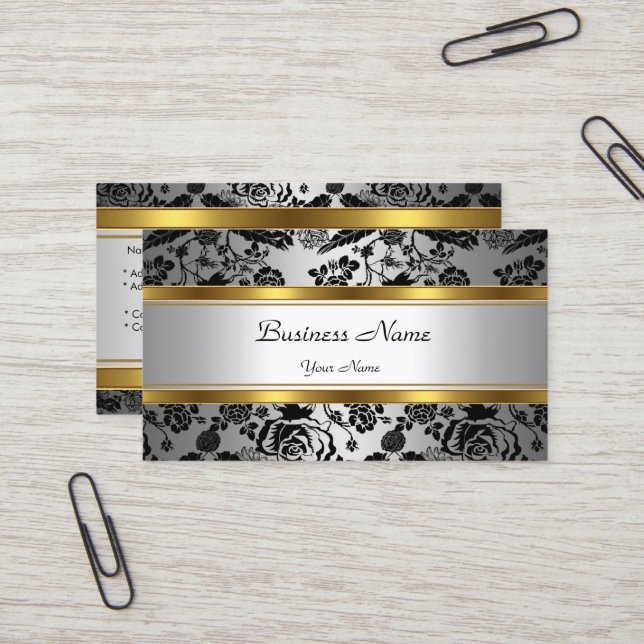 Elegant Classy Gold Grey Floral black silver Business Card (Front/Back In Situ)