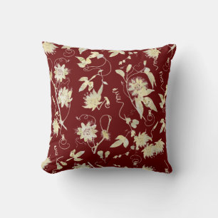 Elegant Classy Gold Passion Flowers Dark Red Cushion
