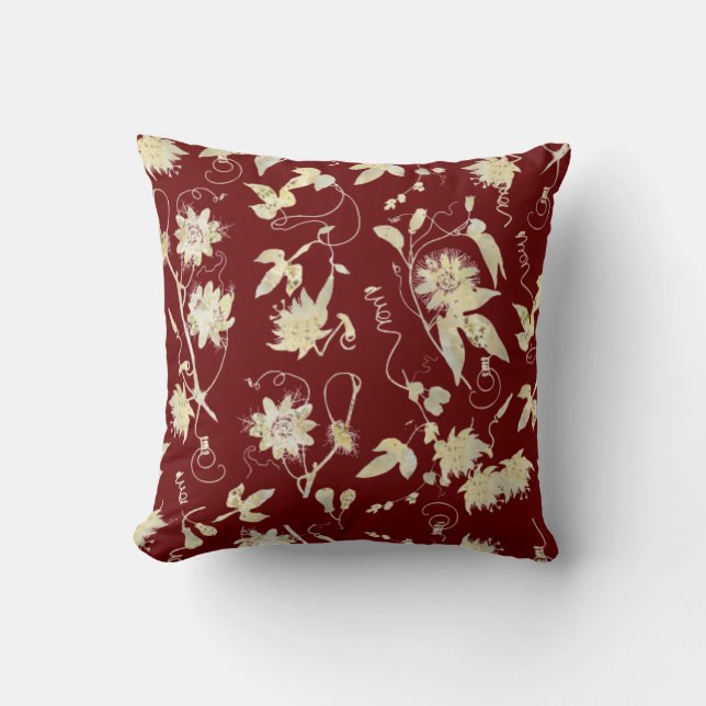 Elegant Classy Gold Passion Flowers Dark Red Cushion (Front)