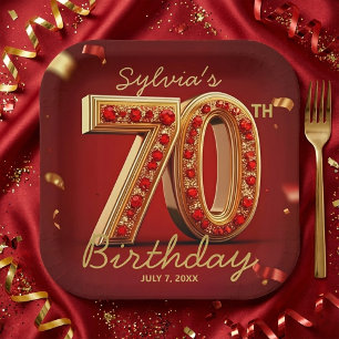 Elegant Classy Gold Red Jewel Style 70th Birthday Paper Plate