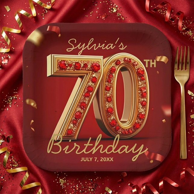 Elegant Classy Gold Red Jewel Style 70th Birthday  Paper Plate (Creator Uploaded)