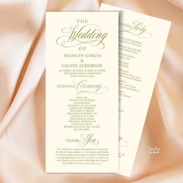 Elegant Classy Gold Script Wedding Ceremony Order Program (Elegant Classy Gold Script Wedding Ceremony Order Program Card in Gold Yellow Cream)