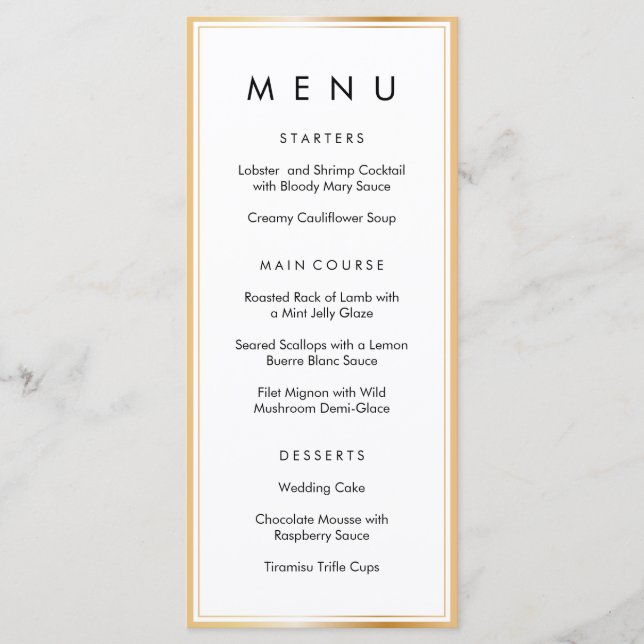Elegant Classy Gold White Frame Wedding Dinner Menu (Front)
