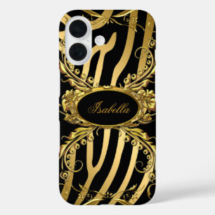 Elegant Classy Gold Zebra Black Floral iPhone 16 Case