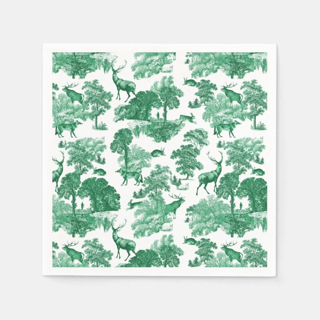 Elegant Classy Green French Toile Deer Pattern Napkin (Front)