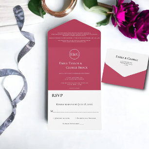Elegant Classy Magenta Monogram Modern Wedding All In One Invitation