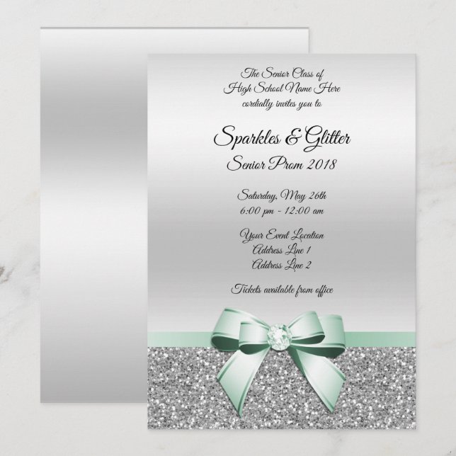 Elegant Classy Mint Bow & Silver Glitter Prom Invitation (Front/Back)