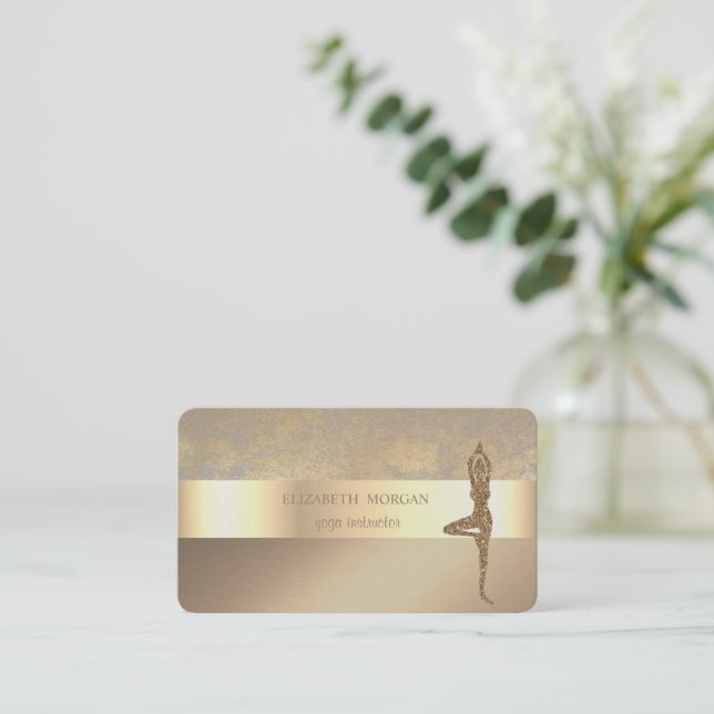 Elegant Classy Modern Gold Glitter Yoga Girl Business Card (Standing Front)