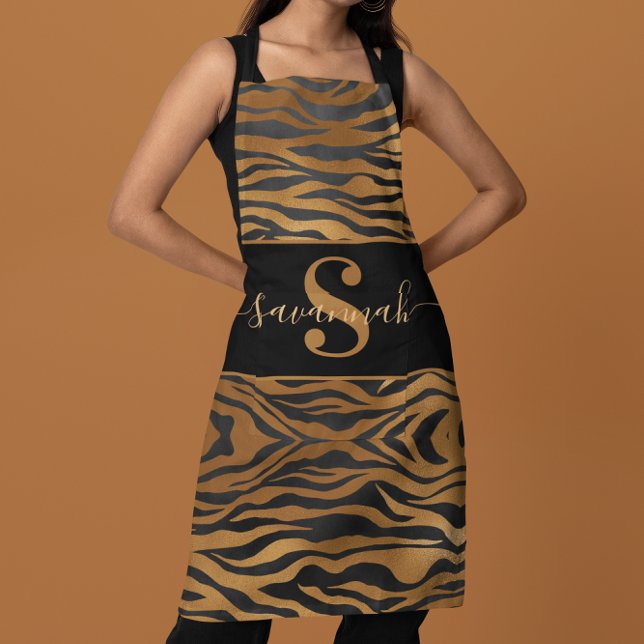 Elegant Classy Monogram Name Gold Black Leopard Apron (Creator Uploaded)