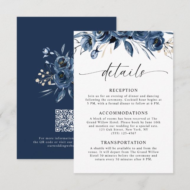 Elegant Classy Navy Blue Flowers Wedding QR Code Enclosure Card (Front/Back)