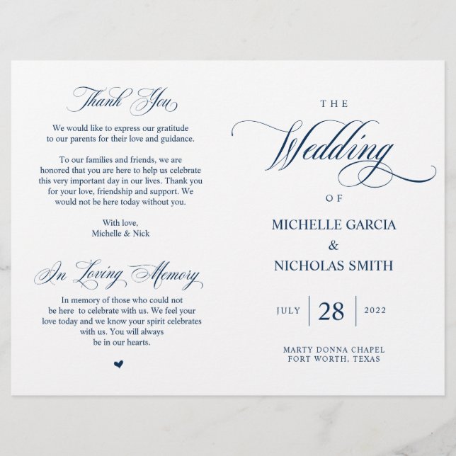 Elegant Classy Navy Blue, Foldable Wedding Program (Front)