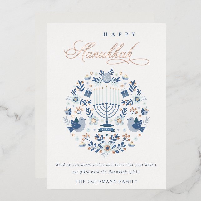 Elegant Classy Navy Blue Happy Hanukkah Floral Foil Holiday Card (Front/Back)