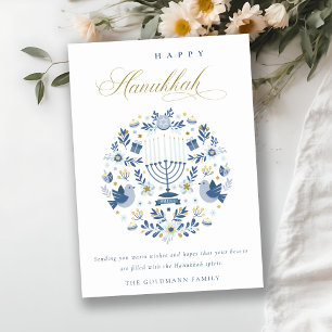 Elegant Classy Navy Blue Happy Hanukkah Floral Holiday Card