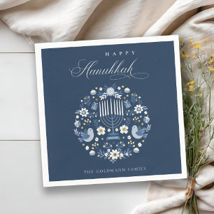 Elegant Classy Navy Blue Happy Hanukkah Floral Napkin