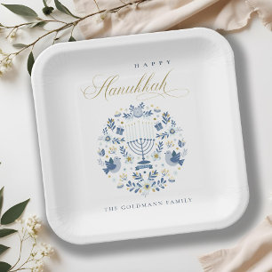 Elegant Classy Navy Blue Happy Hanukkah Floral Paper Plate