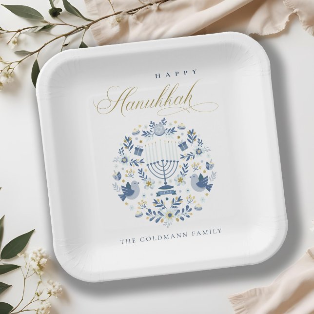 Elegant Classy Navy Blue Happy Hanukkah Floral Paper Plate (Creator Uploaded)