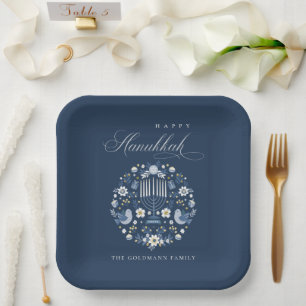 Elegant Classy Navy Blue Happy Hanukkah Floral Paper Plate