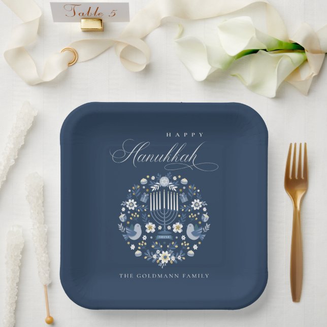 Elegant Classy Navy Blue Happy Hanukkah Floral Paper Plate (Wedding)