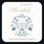 Elegant Classy Navy Blue Happy Hanukkah Floral Square Sticker<br><div class="desc">If you need any further customisation please feel free to message me on yellowfebstudio@gmail.com.</div>