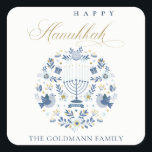 Elegant Classy Navy Blue Happy Hanukkah Floral Square Sticker<br><div class="desc">If you need any further customisation please feel free to message me on yellowfebstudio@gmail.com.</div>