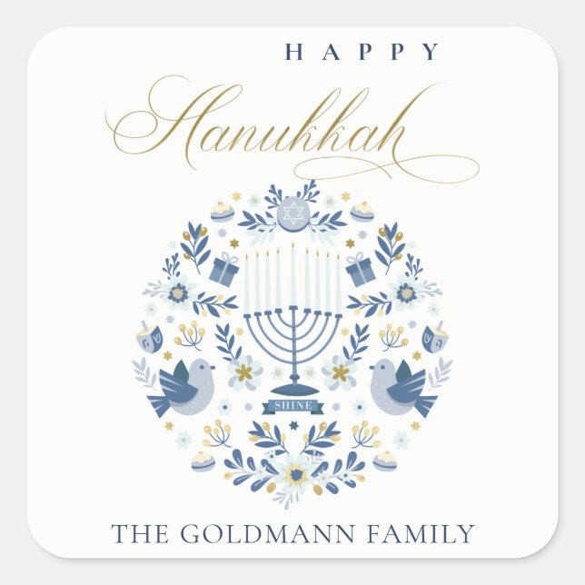 Elegant Classy Navy Blue Happy Hanukkah Floral Square Sticker (Front)