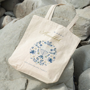 Elegant Classy Navy Blue Happy Hanukkah Floral Tote Bag