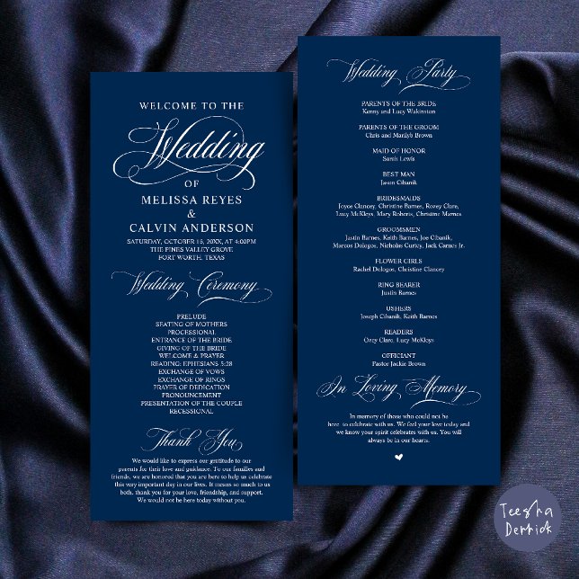 Elegant Classy Navy Blue Script Wedding Ceremony Program (Elegant Classic Navy Blue Script Wedding Ceremony Program Card)