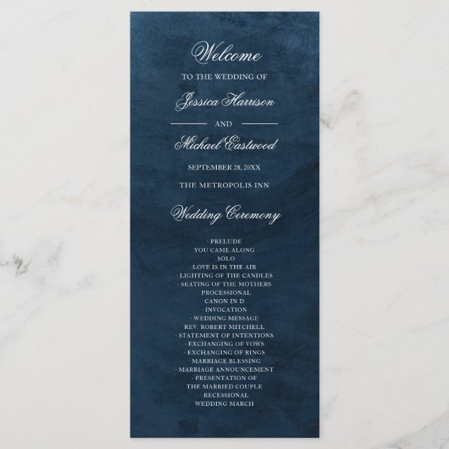 Elegant Classy Navy Blue Watercolor Wedding Program (Front)
