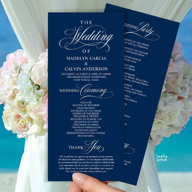 Elegant Classy Navy Blue Wedding Ceremony Order Program (Elegant Classy Gold Script Wedding Ceremony Order Program Card in Navy Blue)