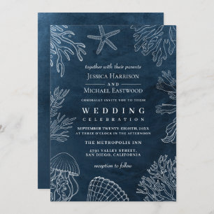 Elegant Classy Navy Coral Beach Wedding Invitation
