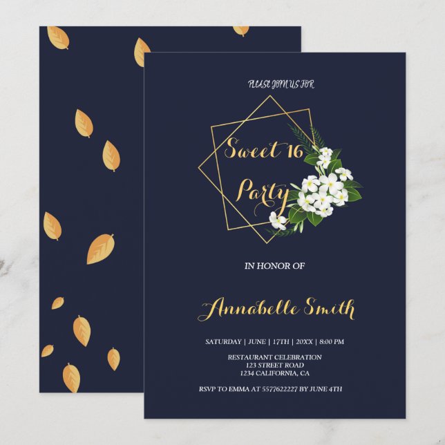 Elegant Classy Navy  Geometric sweet 16 Invitation (Front/Back)
