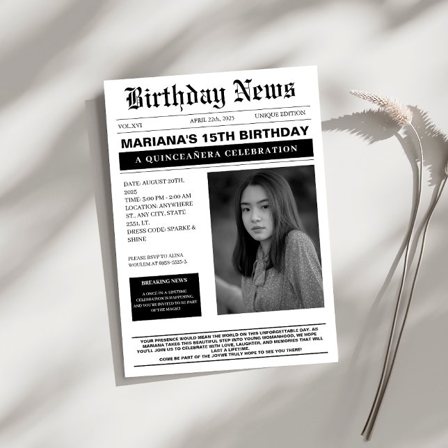 Elegant classy Newspaper Quinceañera  Invitation (Creator Uploaded)