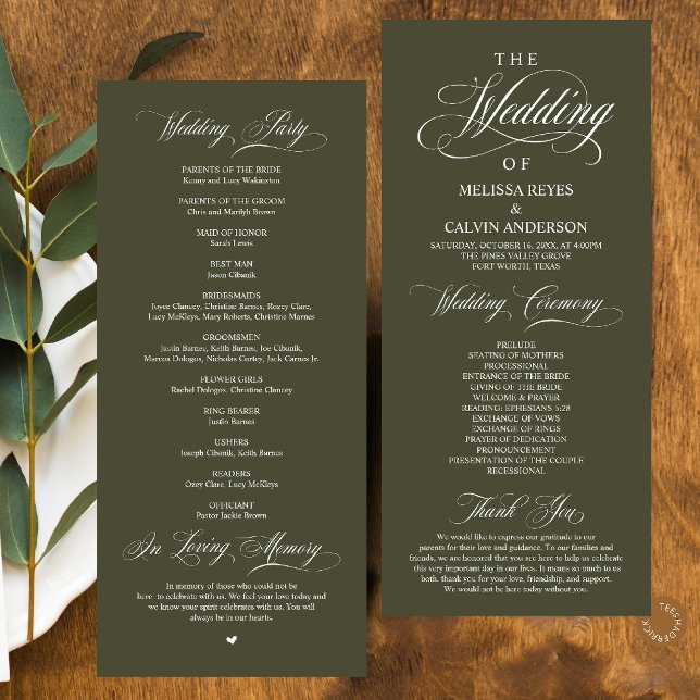 Elegant Classy Olive Green Script Wedding Program (Elegant Classy Olive Green Script Wedding Program Card)