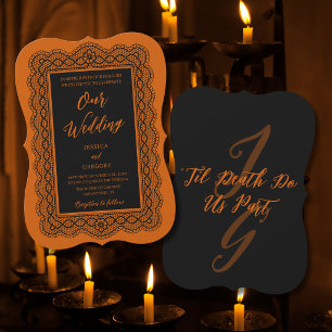 Elegant Classy Orange Black Lace Halloween Wedding Invitation