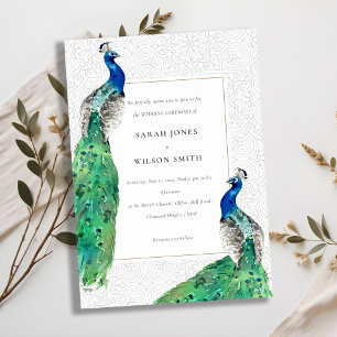 Elegant Classy Ornate Watercolor Peacock Wedding Invitation