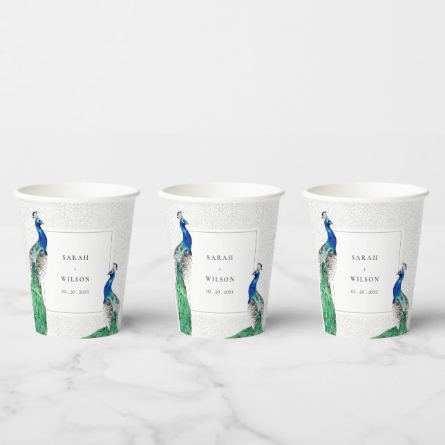 Elegant Classy Ornate Watercolor Peacock Wedding Paper Cups (Multi)