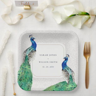 Elegant Classy Ornate Watercolor Peacock Wedding Paper Plate