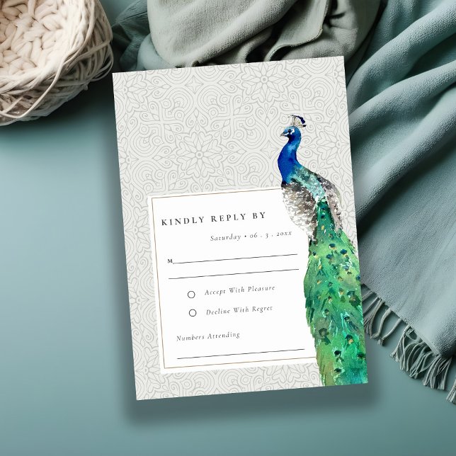 Elegant Classy Ornate Watercolor Peacock Wedding RSVP Card (Creator Uploaded)