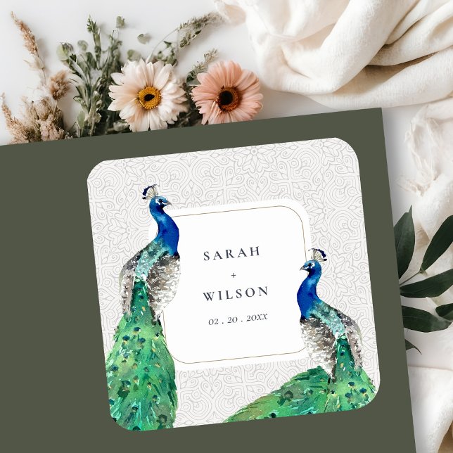 Elegant Classy Ornate Watercolor Peacock Wedding  Square Sticker (Creator Uploaded)