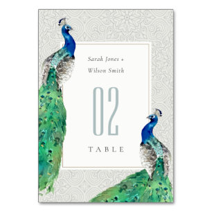 Elegant Classy Ornate Watercolor Peacock Wedding Table Number