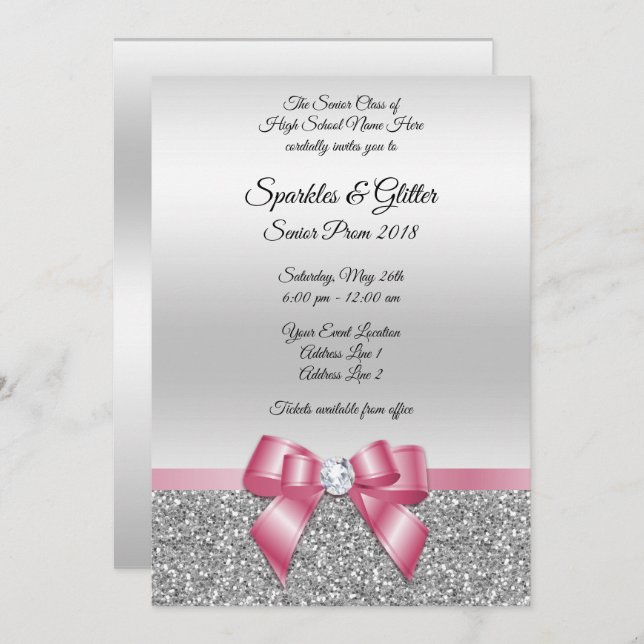 Elegant Classy Pink Bow & Silver Glitter Prom Invitation (Front/Back)