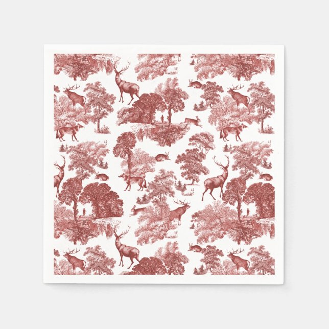 Elegant Classy Red French Toile Deer Pattern Napkin (Front)