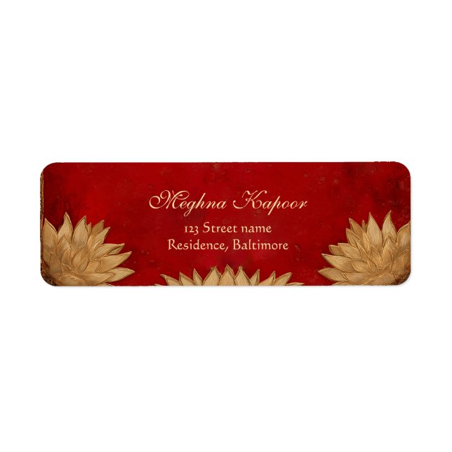 Elegant Classy Red Gold Lotus Indian Wedding Return Address Label (Front)