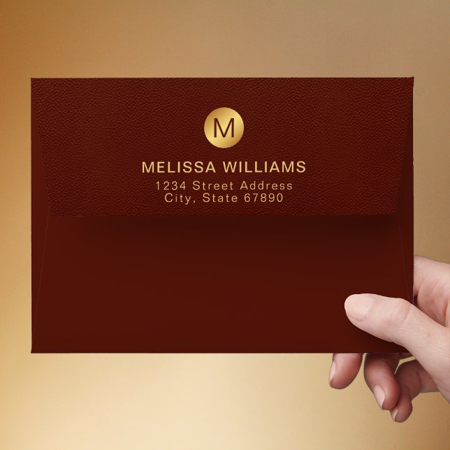 Elegant Classy Red Leather & Gold Monogram Name  Envelope (Creator Uploaded)