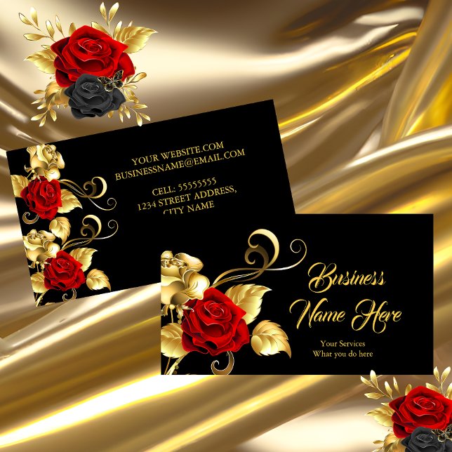 Elegant Classy Red Rose Black Gold Leaf Business Card (Creator Uploaded)