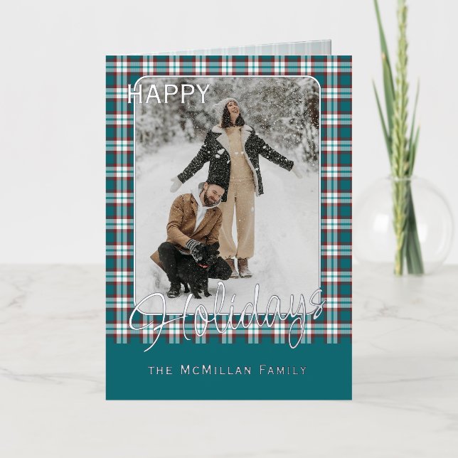 Elegant Classy Rustic Plaid Pattern Gold Foil Holiday Card (Front)