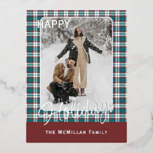 Elegant Classy Rustic Plaid Pattern Gold Foil Holiday Postcard