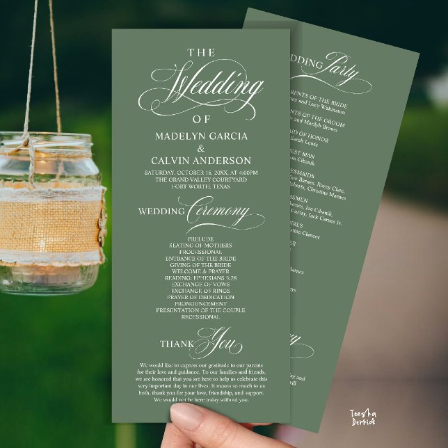 Elegant Classy Sage Green Wedding Ceremony Order Program (Elegant Classy Gold Script Wedding Ceremony Order Program Card in Sage Green)
